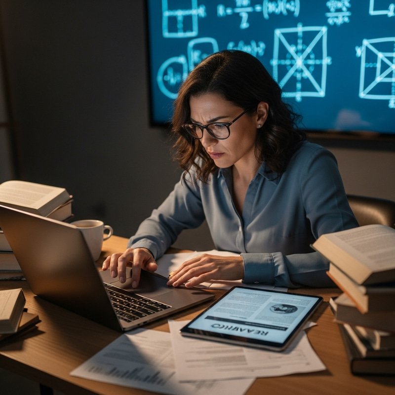 Stressed Hispanic Female Teacher Working with Computer, Books, Tablet, and Digital Whiteboard
