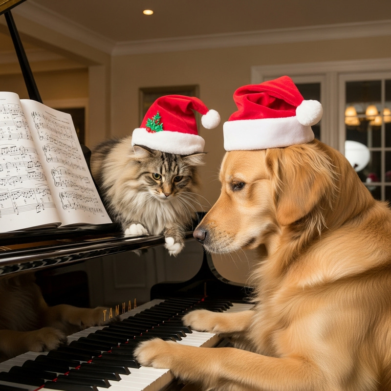 Norwegian Forest Cat and Golden Retriever in Christmas Hats Playing Piano