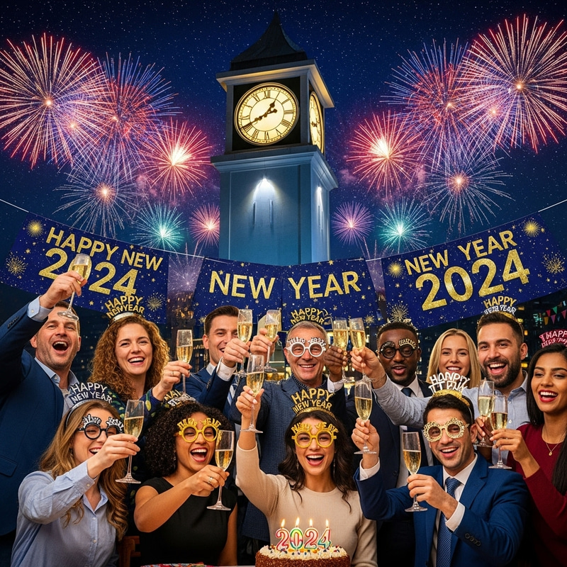 Exciting New Year 2024 Celebration with Fireworks & Cheers Exciting New Year 2024 Celebration with Fireworks & Cheers