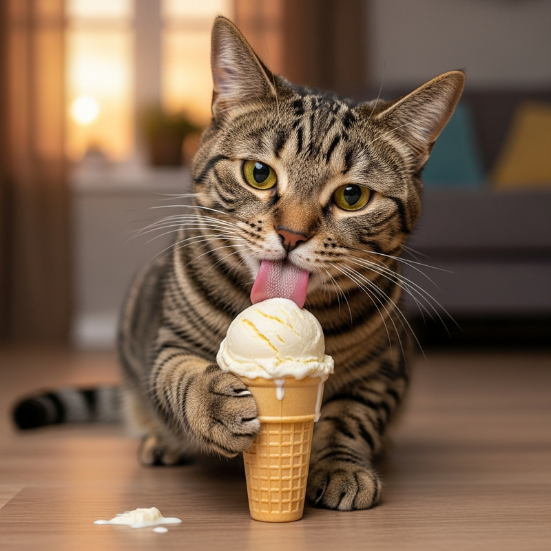 Adorable tabby cat eating ice cream - Playful and sweet moment