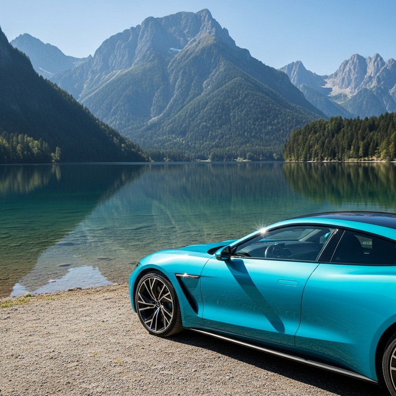 Tranquil Turquoise Car By Serene Lake Tranquil Turquoise Car By Serene Lake