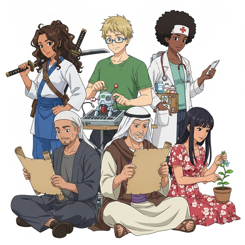 Diverse Anime Friends in Vibrant Scene Diverse Anime Friends in Vibrant Scene