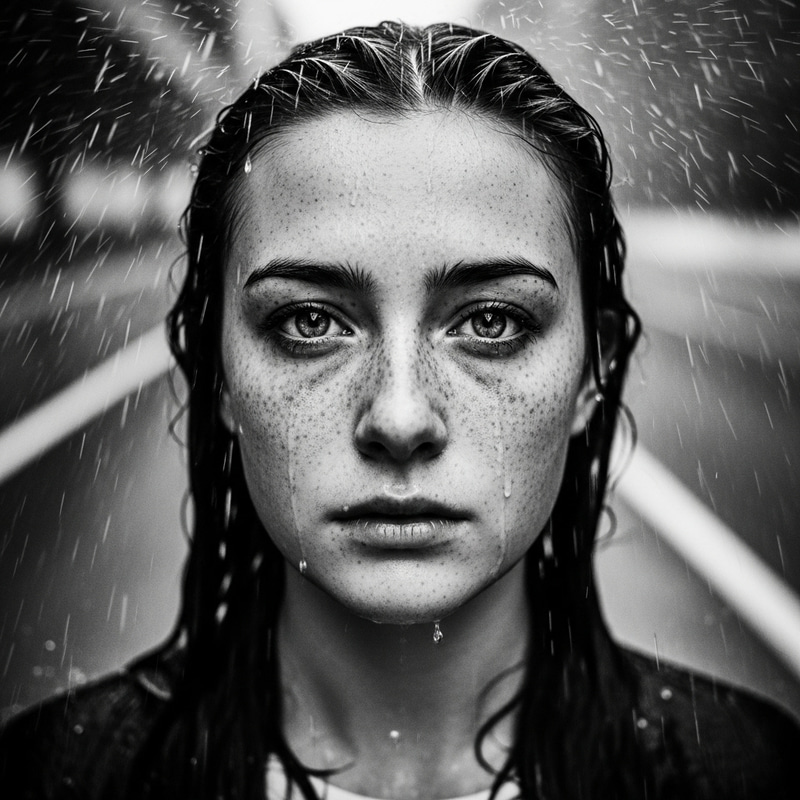 Emotional Rainfall Portrait of Freckled Young Woman in 4k Black and White
