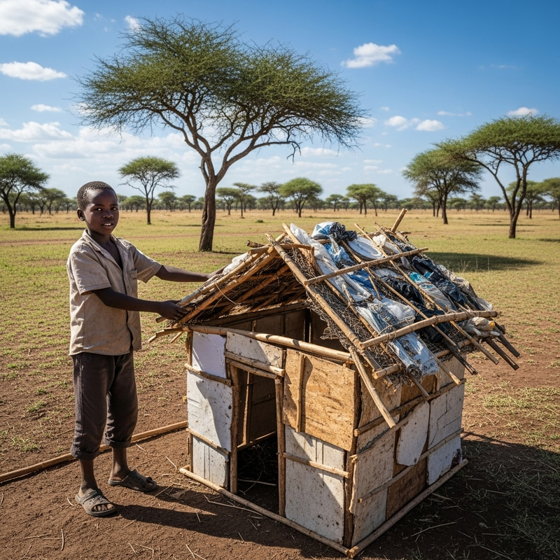 Young Black Child Building House in Africa with Recycled Materials Young Black Child Building House in Africa with Recycled Materials