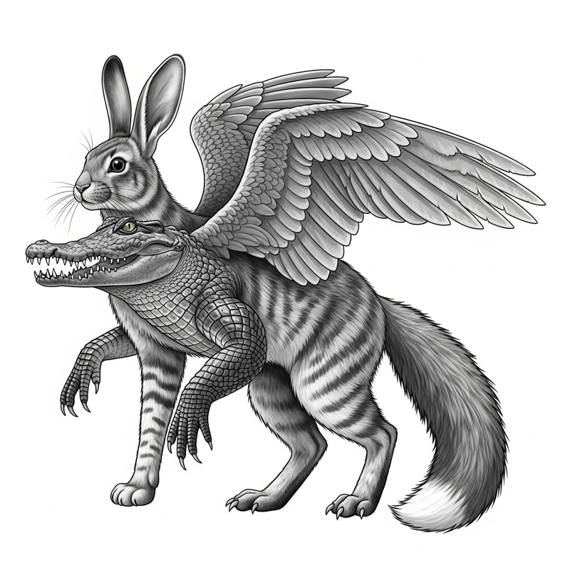 Intriguing Hybrid Creature: Rabbit Head, Cat Body, Crocodile Limbs, Hawk Wings, Fox Tail Intriguing Hybrid Creature: Rabbit Head, Cat Body, Crocodile Limbs, Hawk Wings, Fox Tail