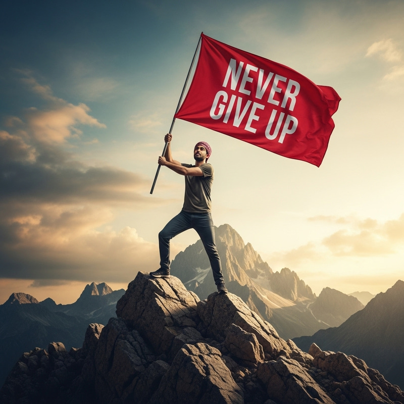 Resilient Middle-Eastern Man on Rocky Peak with 'Never Give Up' Flag