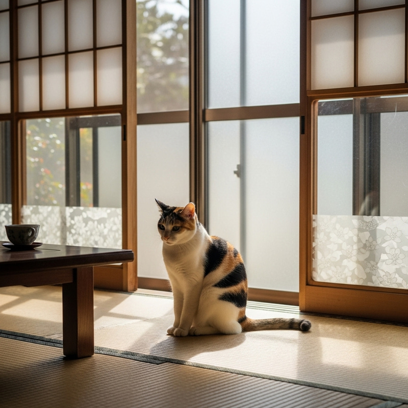 Calico Cat Sitting in Traditional Japanese House - Tenma