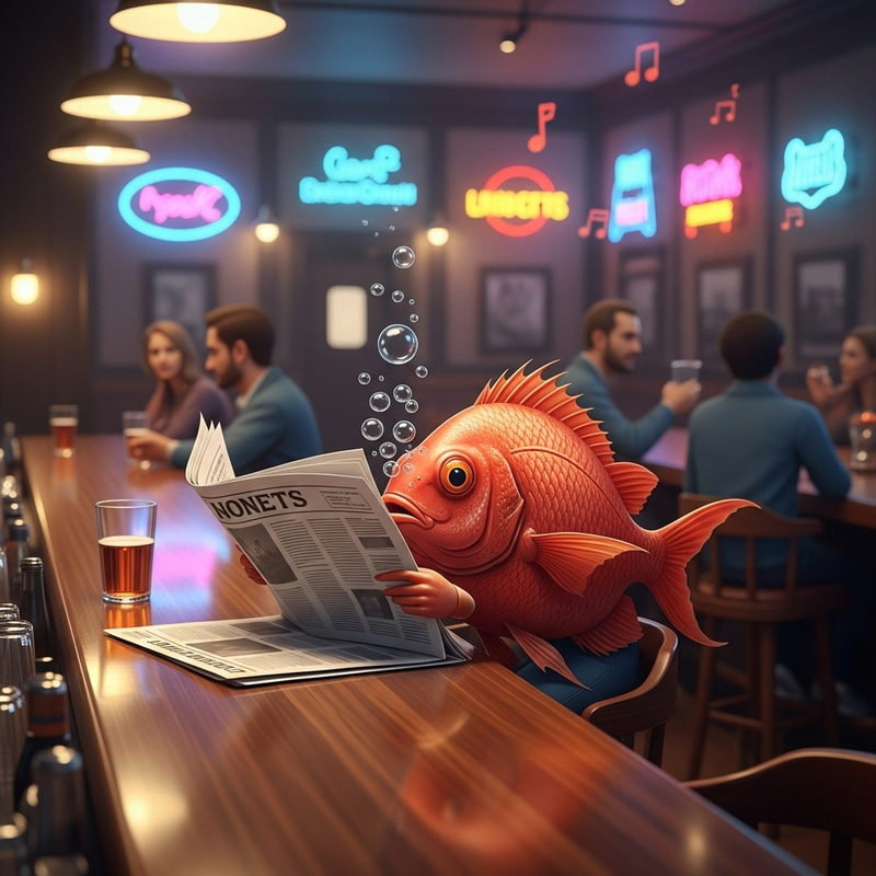 Red Fish Reading Newspaper in Colorful Bar Setting Red Fish Reading Newspaper in Colorful Bar Setting