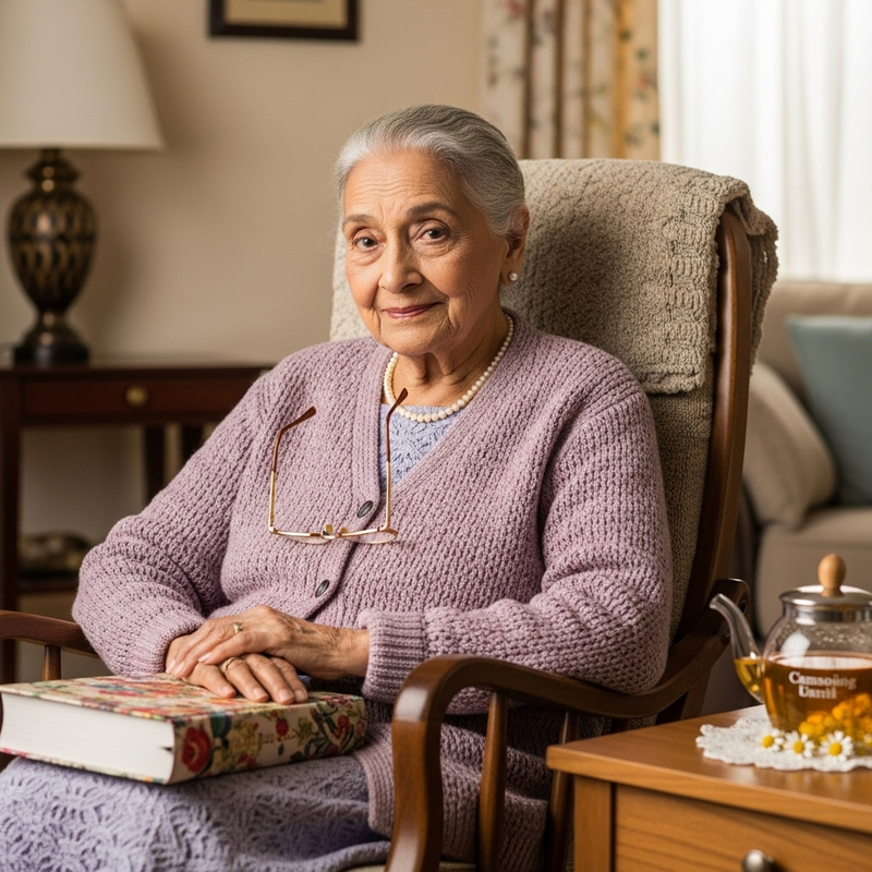 Peaceful Elderly South Asian Woman in Lavender Cardigan Rocking Chair