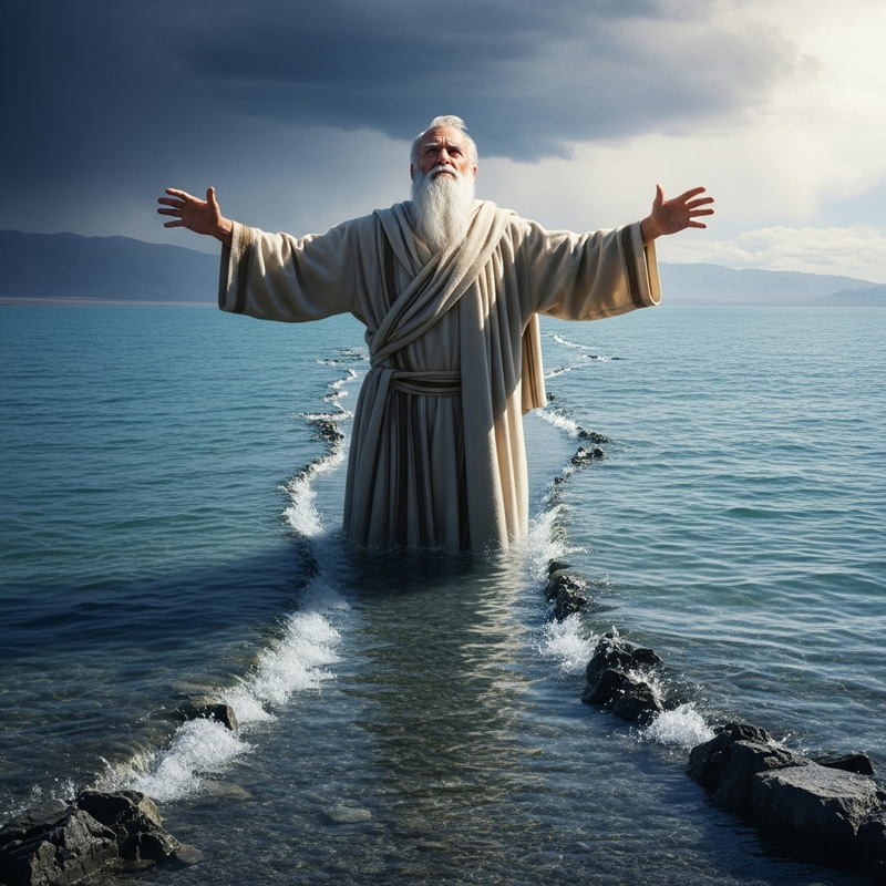 Elderly Religious Figure Parting Great Salt Lake - Biblical Scene Elderly Religious Figure Parting Great Salt Lake - Biblical Scene