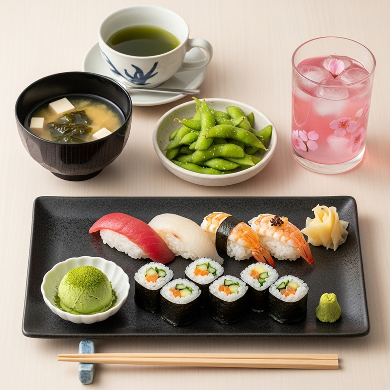 Exquisite Japanese Culinary Harmony: Miso Soup, Sushi, Edamame & Matcha Ice Cream Delights Exquisite Japanese Culinary Harmony: Miso Soup, Sushi, Edamame & Matcha Ice Cream Delights