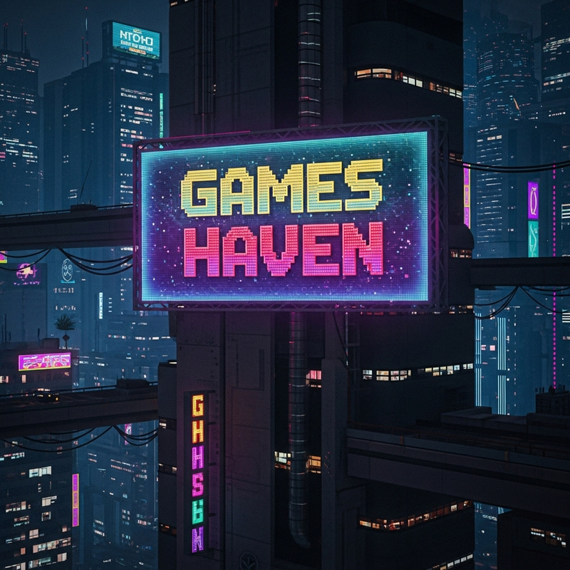 Cyberpunk City Tower: Games Haven Sign in Pixel Art Cyberpunk City Tower: Games Haven Sign in Pixel Art