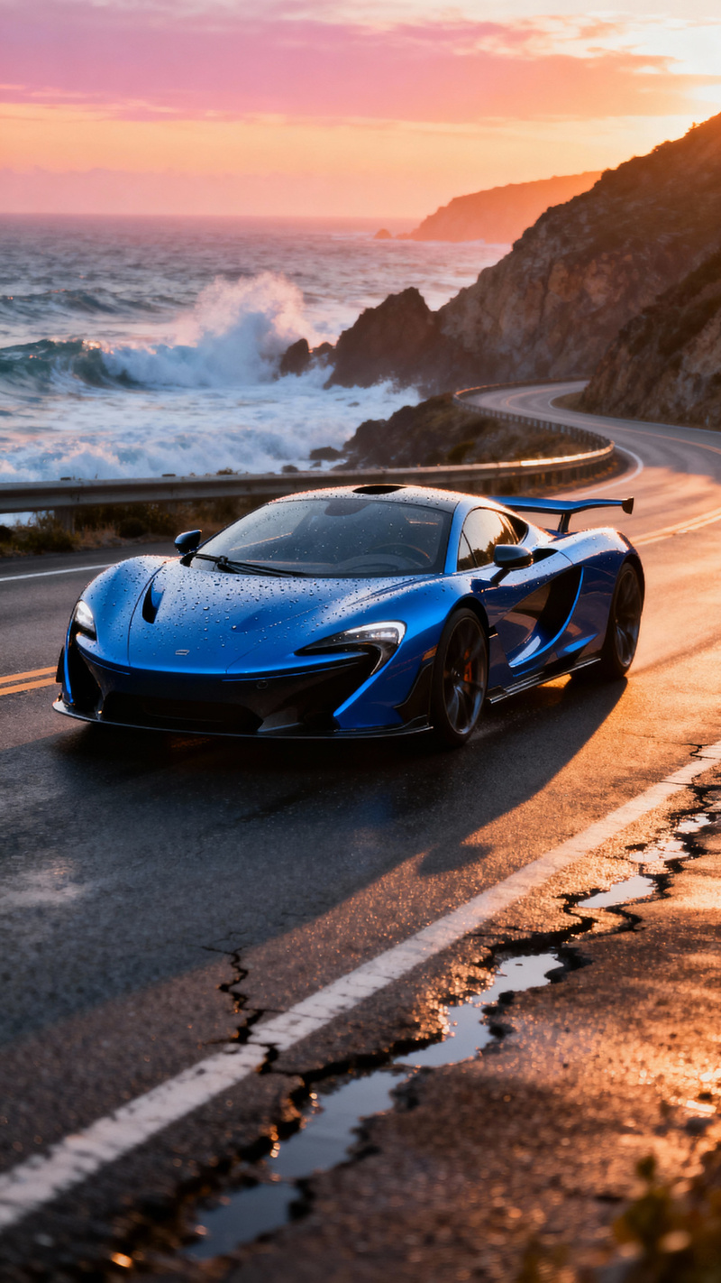 Futuristic Sports Car on Coastal Road at Sunset Futuristic Sports Car on Coastal Road at Sunset