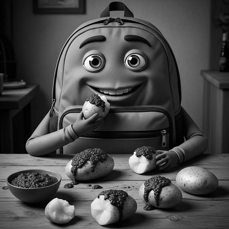 Backpack Enjoying Boiled Potatoes with Mojo Picon in Black and White Backpack Enjoying Boiled Potatoes with Mojo Picon in Black and White