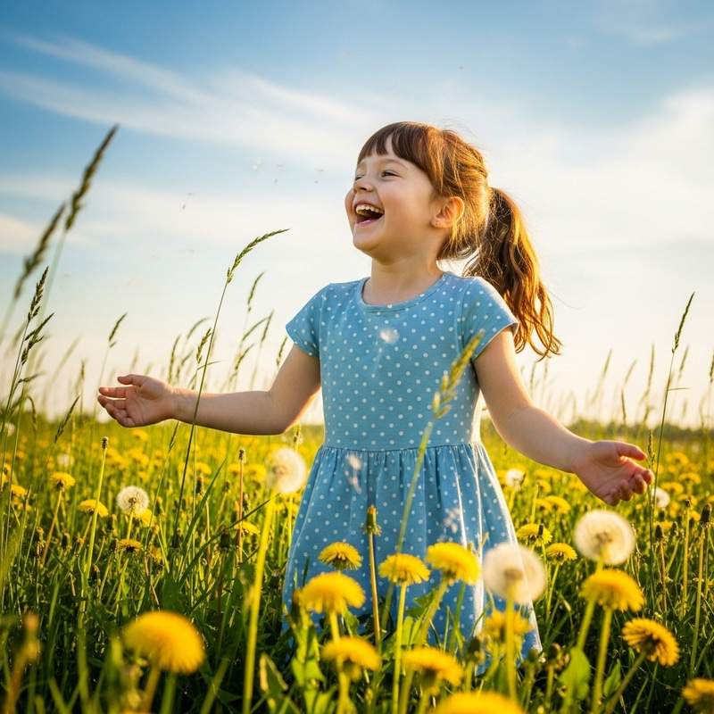 Happy Young Girl Playing Outdoors in Meadow Happy Young Girl Playing Outdoors in Meadow
