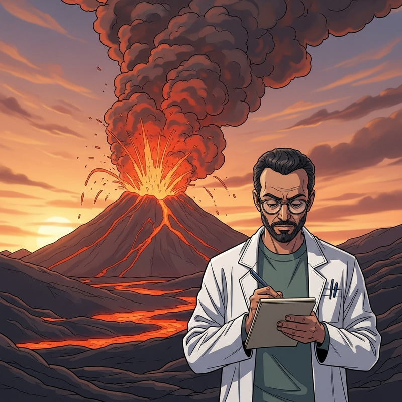 Adventure Comic: Intrepid Scientist and Erupting Volcano
