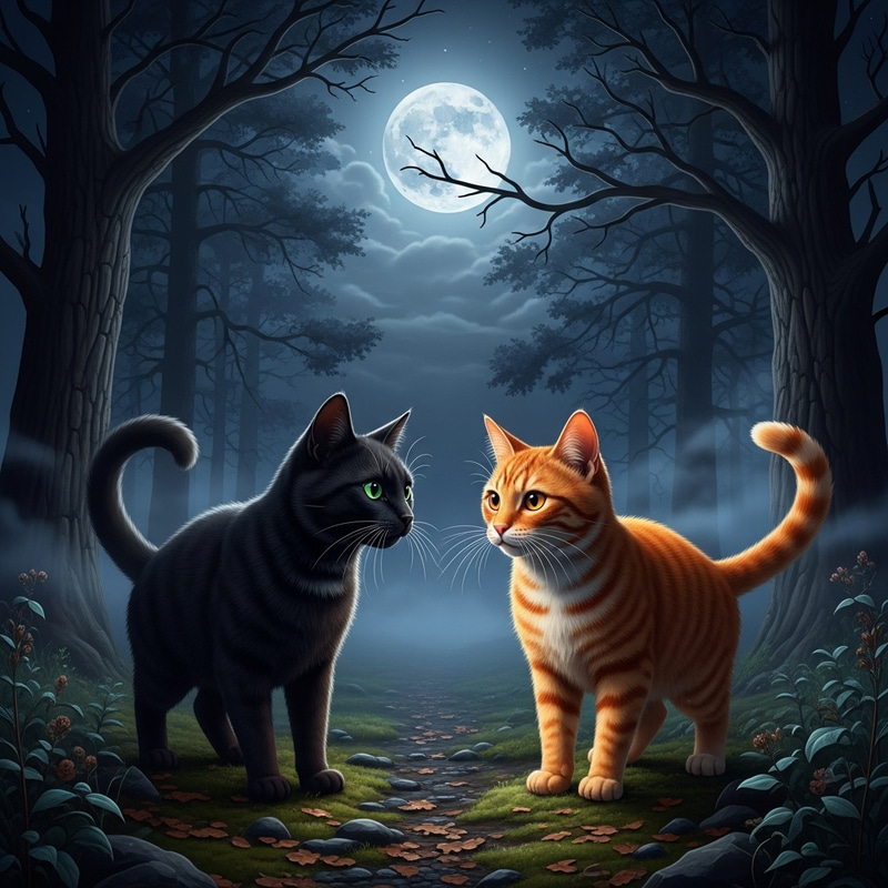 Black and Orange Cats in Nocturnal Scene Black and Orange Cats in Nocturnal Scene