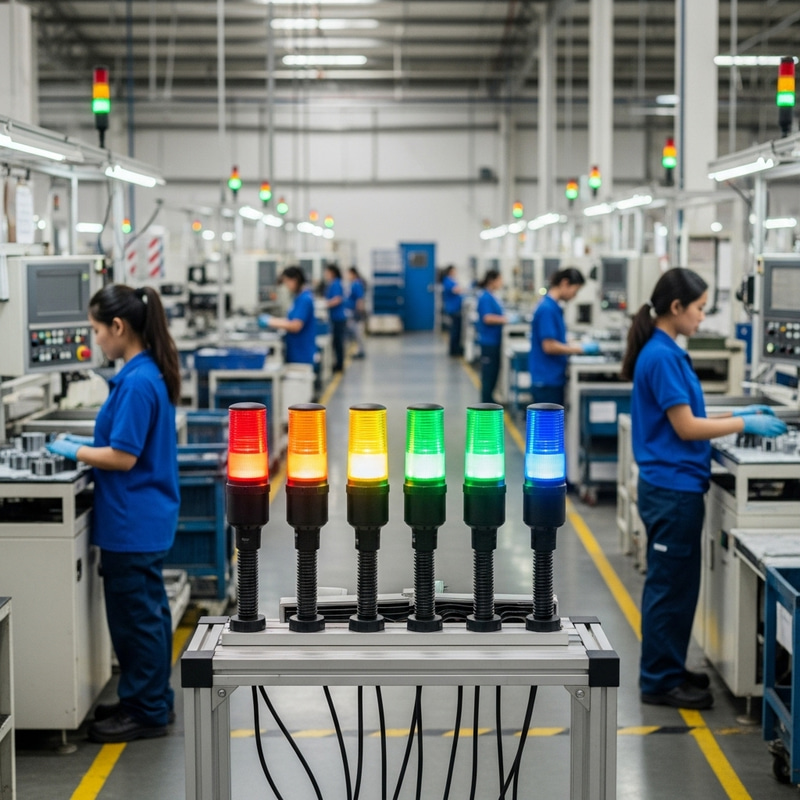 Andon System with 4 Color Light Towers in Production Andon System with 4 Color Light Towers in Production