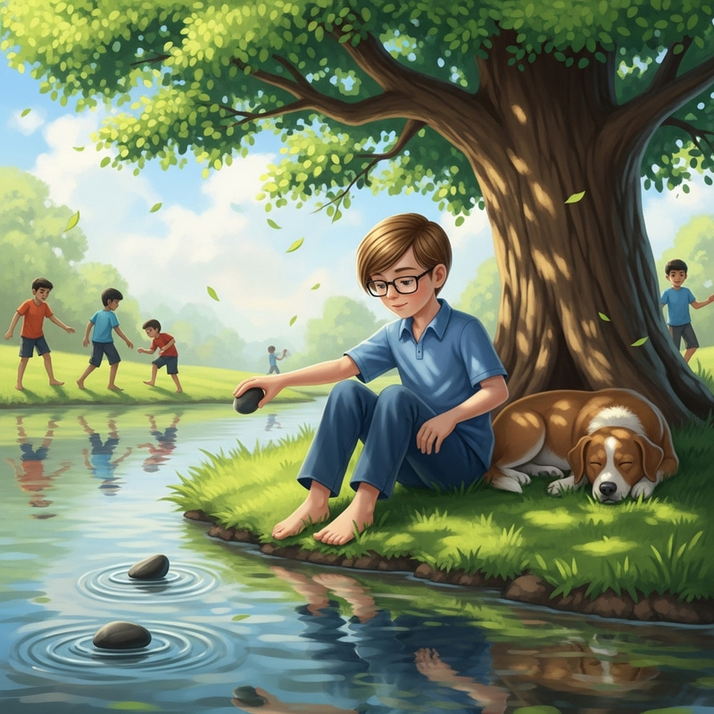 Tranquil Scene of Lyosha Skipping Stones by Riverbank