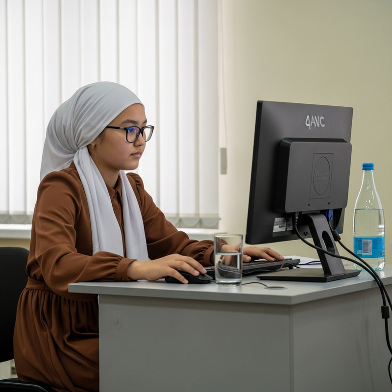 Kazakh Girl with Glasses at Computer Desk - Focus and Intelligence