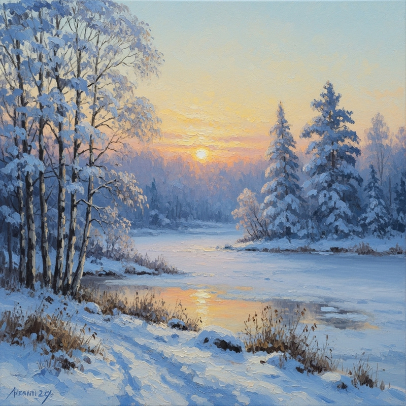 Serene Winter Landscape - Soft Hues, Snow-Covered Trees, Frozen Lake Serene Winter Landscape - Soft Hues, Snow-Covered Trees, Frozen Lake