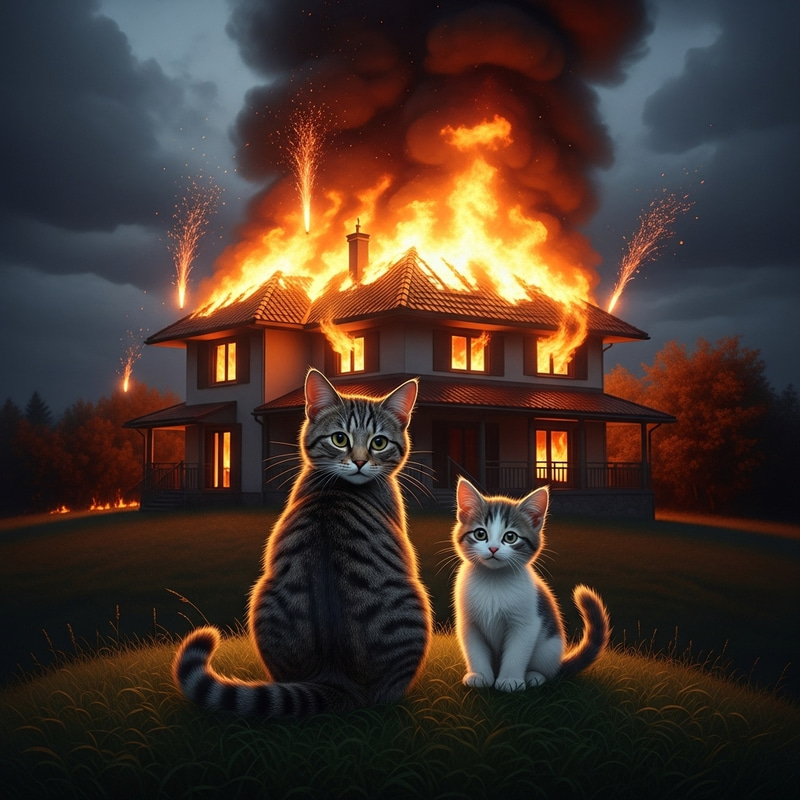 A Cat and Kitten Watch Sad Scene of House Fire A Cat and Kitten Watch Sad Scene of House Fire