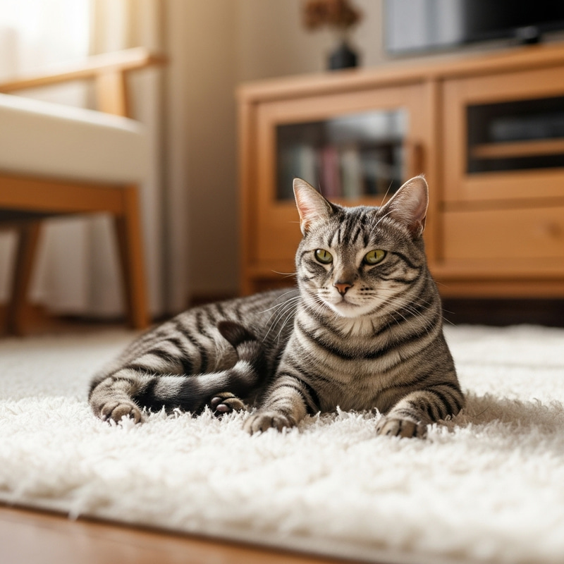 Cute Grey and Black Domestic Cat on White Rug Cute Grey and Black Domestic Cat on White Rug