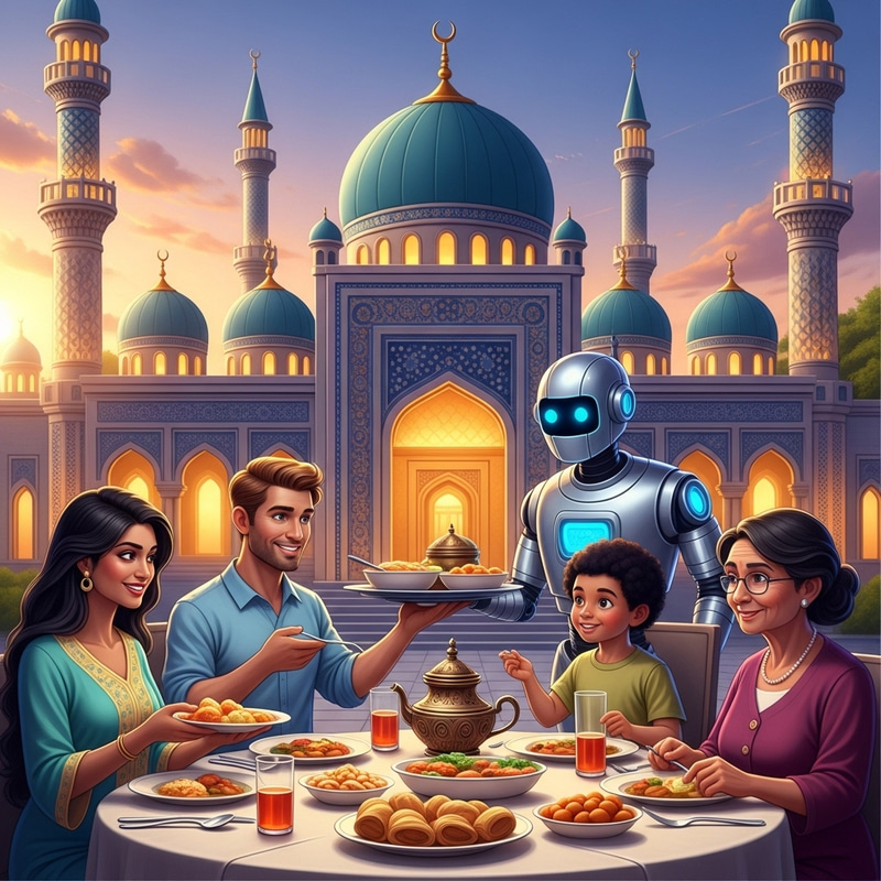 Multicultural Ramadan Family Dinner at Mosque | Robot Serving with Diverse Members Multicultural Ramadan Family Dinner at Mosque | Robot Serving with Diverse Members