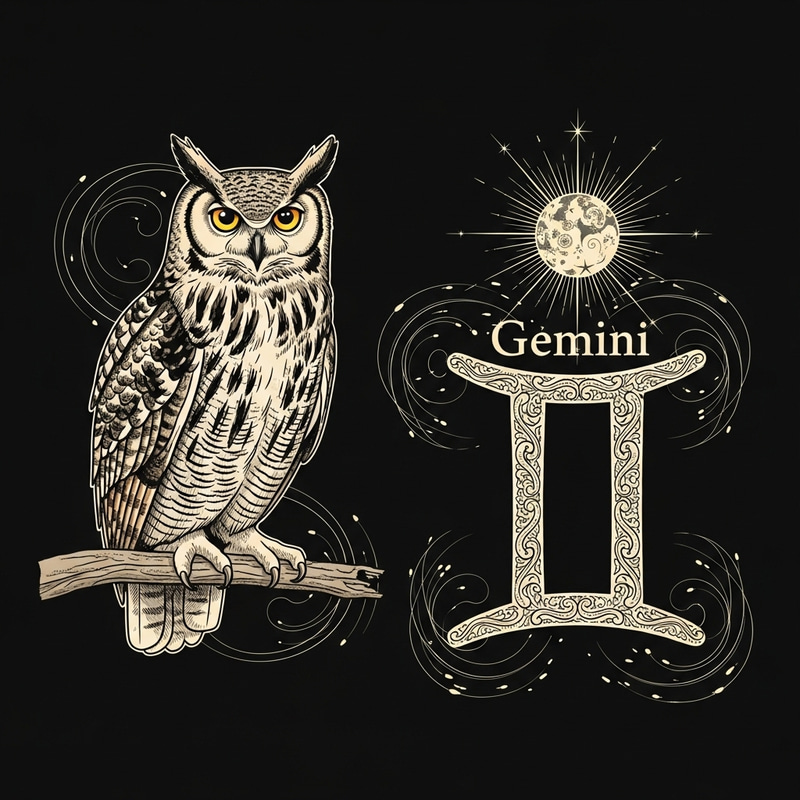 Majestic Owl Art with Gemini Symbol and Mercury