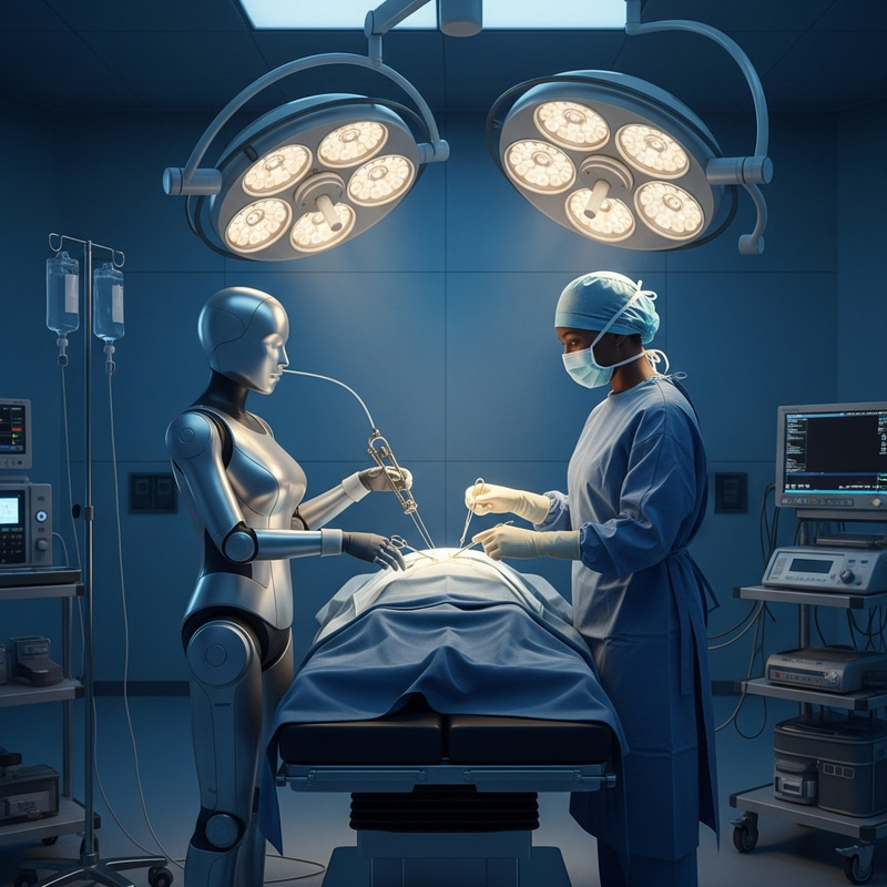 Futuristic Operating Room: Surgeon and Robot Perform Surgery Futuristic Operating Room: Surgeon and Robot Perform Surgery