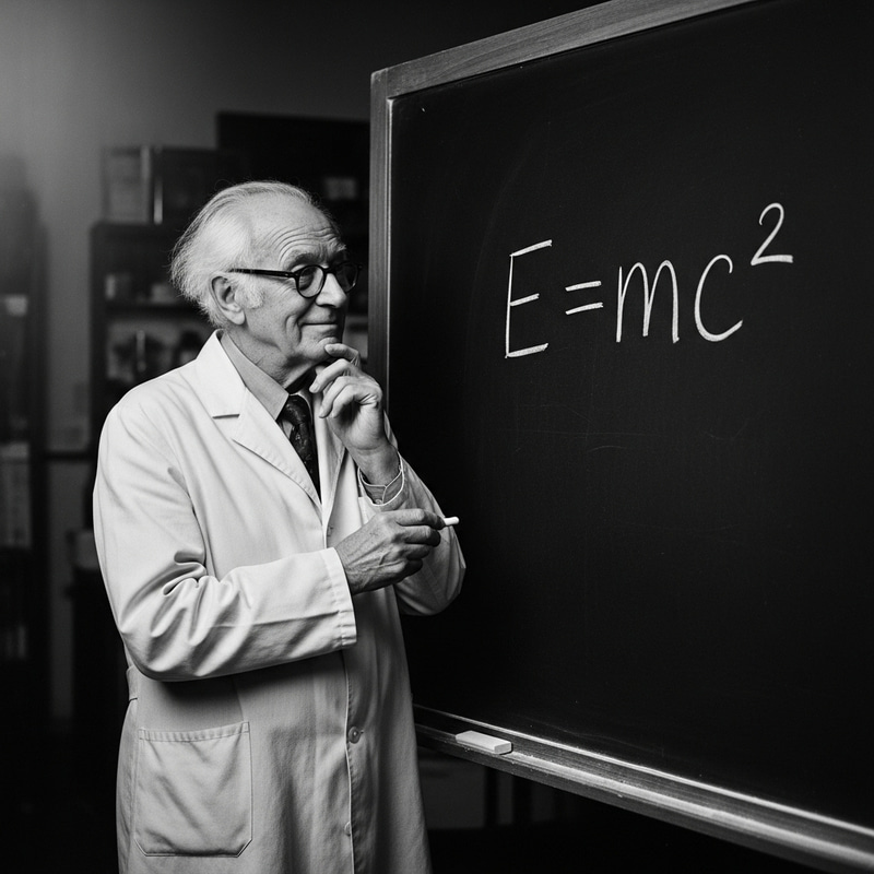 Albert Einstein with E=mc^2 on Blackboard