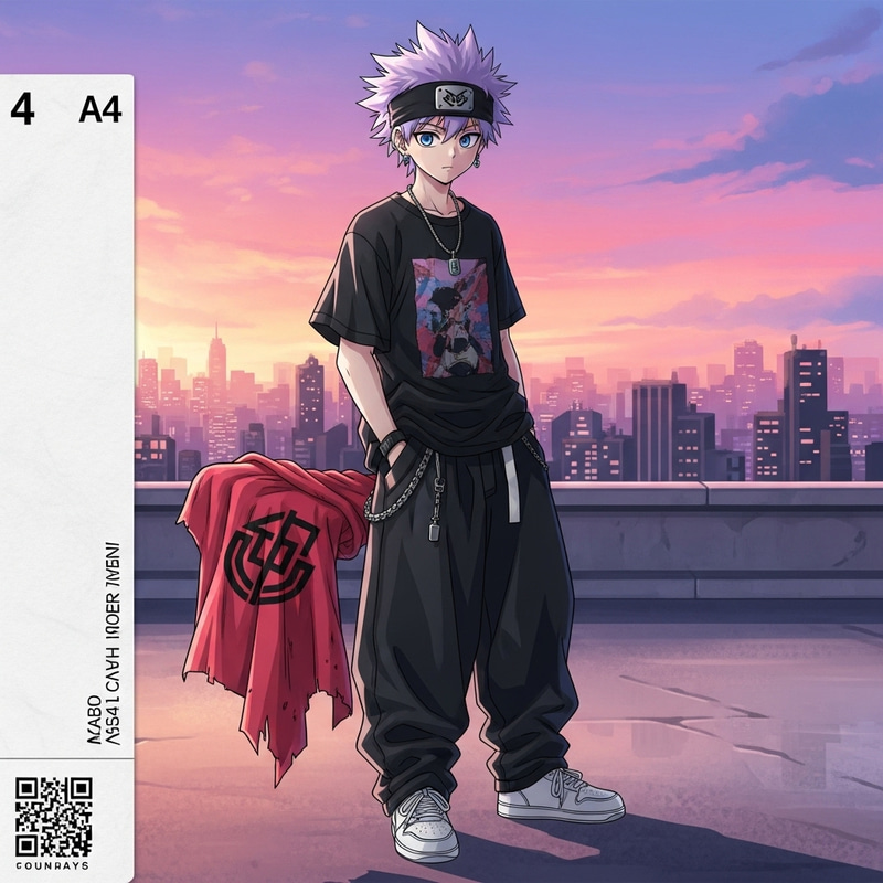 Unique Anime Character Artwork with Spiky Purple Hair and Street-Style Outfit Unique Anime Character Artwork with Spiky Purple Hair and Street-Style Outfit