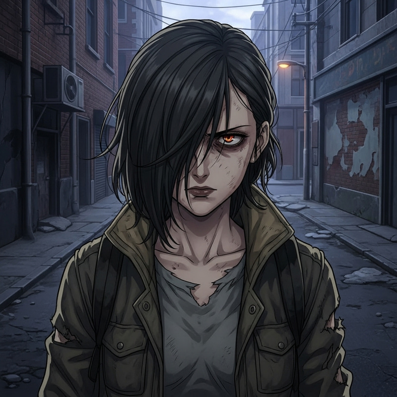 Gritty Anime Woman - Strong Determination in Urban Setting