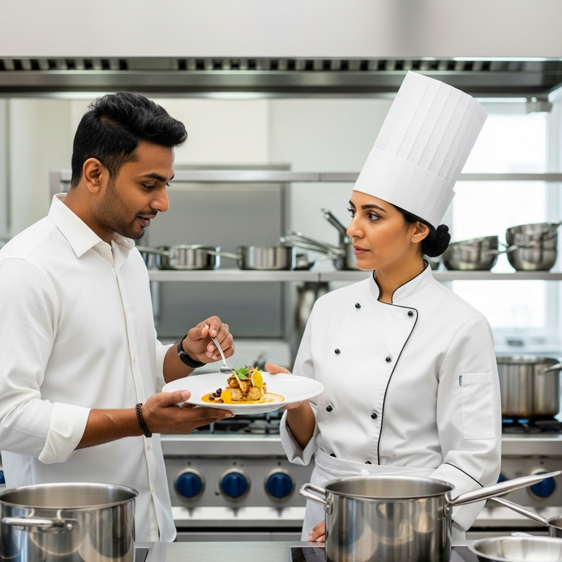 Male presenting gourmet food to female chef in a professional kitchen Male presenting gourmet food to female chef in a professional kitchen