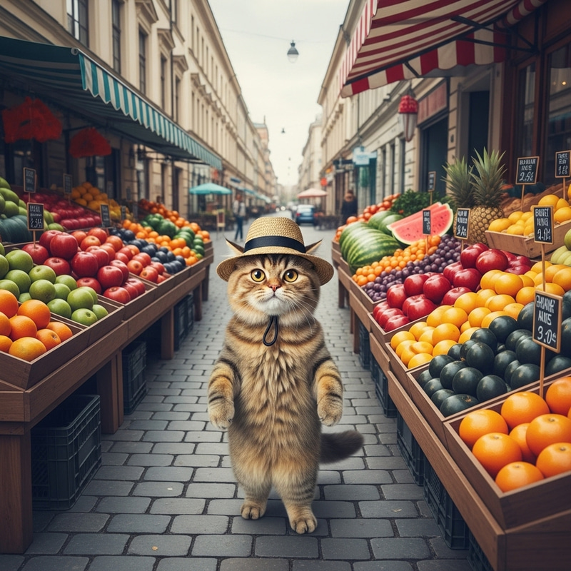 Charming Cat with Hat Ventures to Buy Colorful Fruits Charming Cat with Hat Ventures to Buy Colorful Fruits