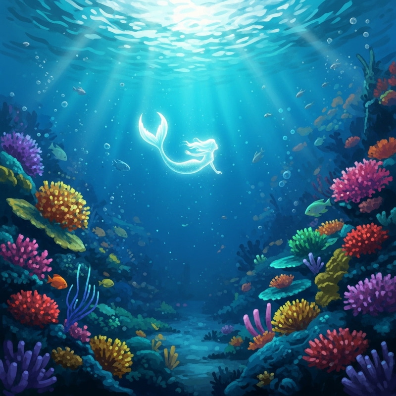 Mermaid Surrounded by Colorful Coral Reefs - Enchanting Fantasy Scene Mermaid Surrounded by Colorful Coral Reefs - Enchanting Fantasy Scene