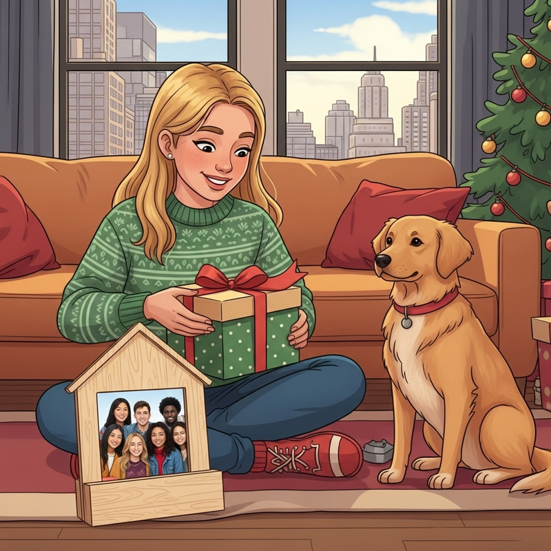 Blonde Girl Unwrapping Christmas Present with Friends in NY Apartment