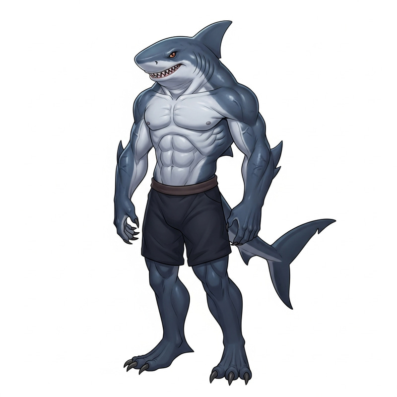 Create a humanoid shark with a menacing look Create a humanoid shark with a menacing look