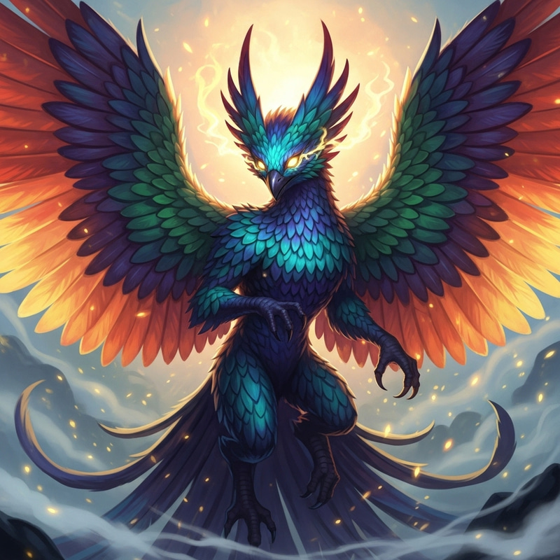 Majestic Mystical Creature: Vibrant Feathers, Glowing Eyes Majestic Mystical Creature: Vibrant Feathers, Glowing Eyes