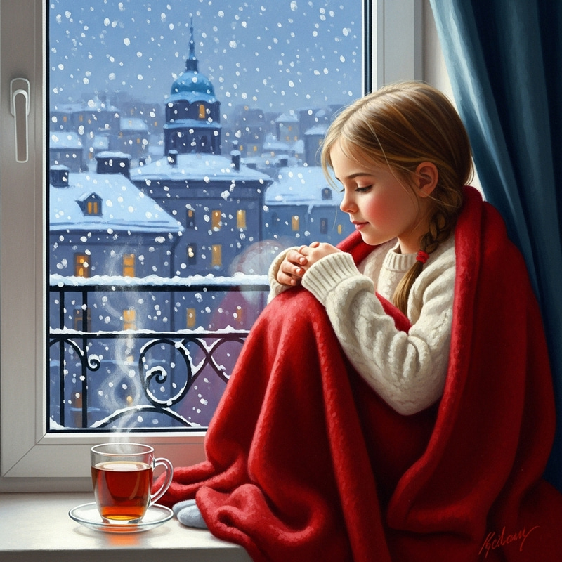 Cozy Evening: Girl in White Sweater by Window with Snowfall Cozy Evening: Girl in White Sweater by Window with Snowfall