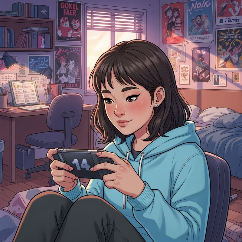 14 Yr Old Girl Playing Video Game in Colorful Room 14 Yr Old Girl Playing Video Game in Colorful Room