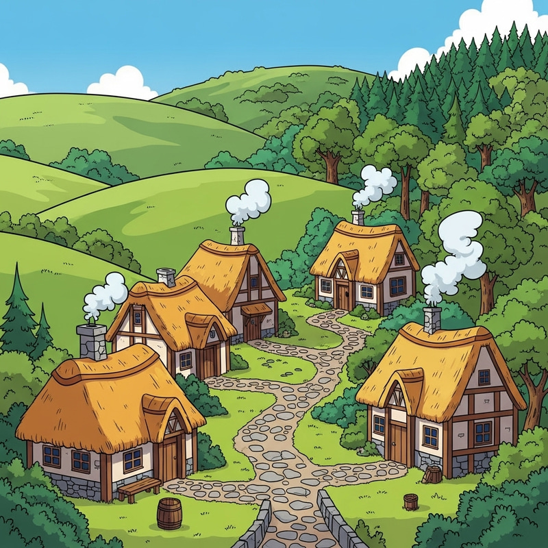 Charming Village Amidst Rolling Hills & Lush Forests | Idyllic Cartoon Setting Charming Village Amidst Rolling Hills & Lush Forests | Idyllic Cartoon Setting