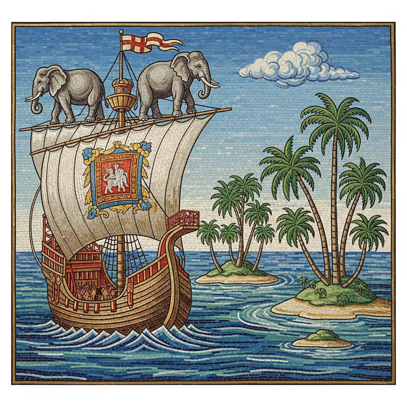 Medieval Ship Mosaic Sailing to Tropical Islands with Elephants