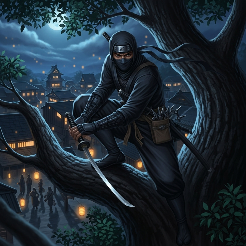 Male South Asian Ninja Stealthy Maneuver on Moonlit Night Male South Asian Ninja Stealthy Maneuver on Moonlit Night