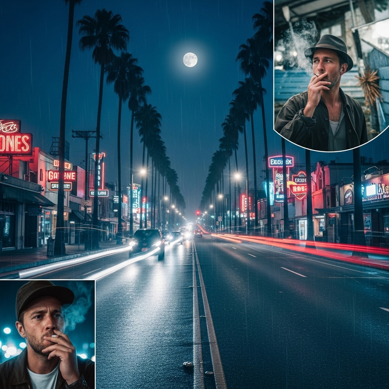 Night Scene with Man Smoking, Moonlight, Neon Lights, and Palm Trees Night Scene with Man Smoking, Moonlight, Neon Lights, and Palm Trees