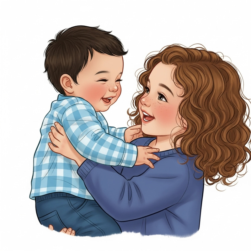 Heartfelt Connection: Playful Girl & Baby Boy Embracing in Colorful Illustration Heartfelt Connection: Playful Girl & Baby Boy Embracing in Colorful Illustration