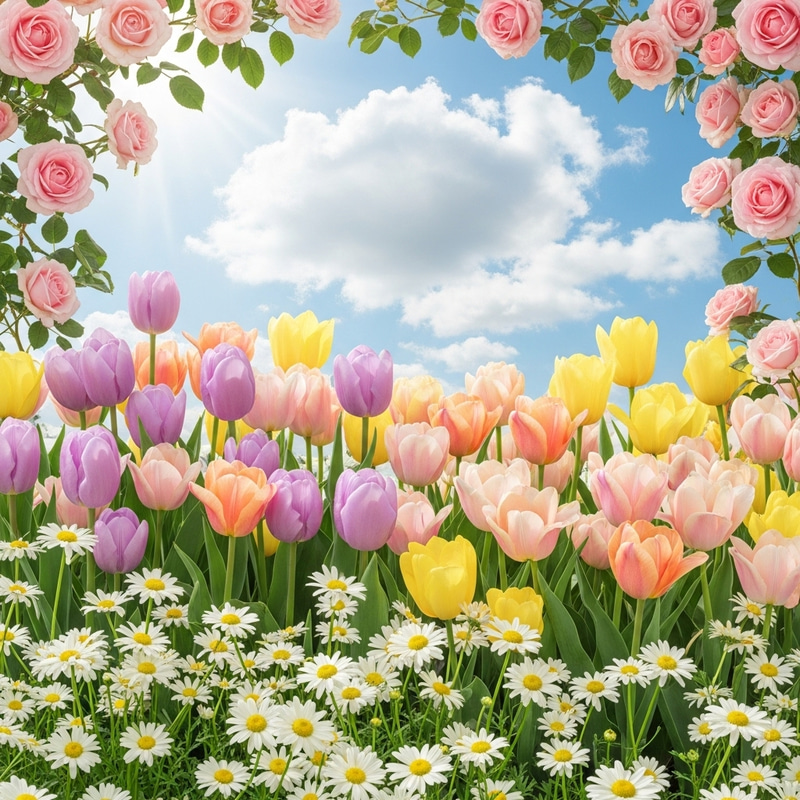 Tranquil Pastel Flower Field: Blush Roses, Lavender Tulips & White Daisies