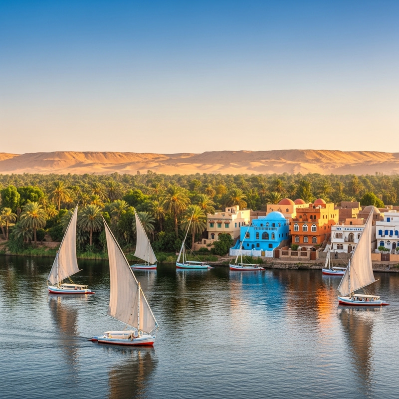 River Nile Scene with Sailboats, Palm Trees & Nubian Houses River Nile Scene with Sailboats, Palm Trees & Nubian Houses