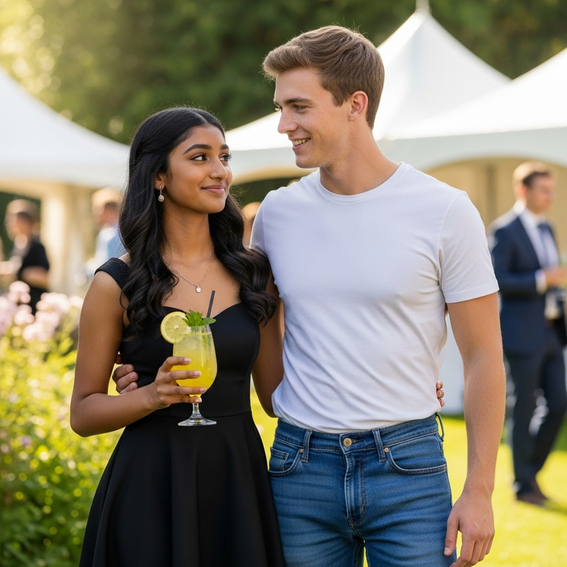 Fashionable Teenage Girl in Black Dress Enjoying Lemonade Outdoors Fashionable Teenage Girl in Black Dress Enjoying Lemonade Outdoors
