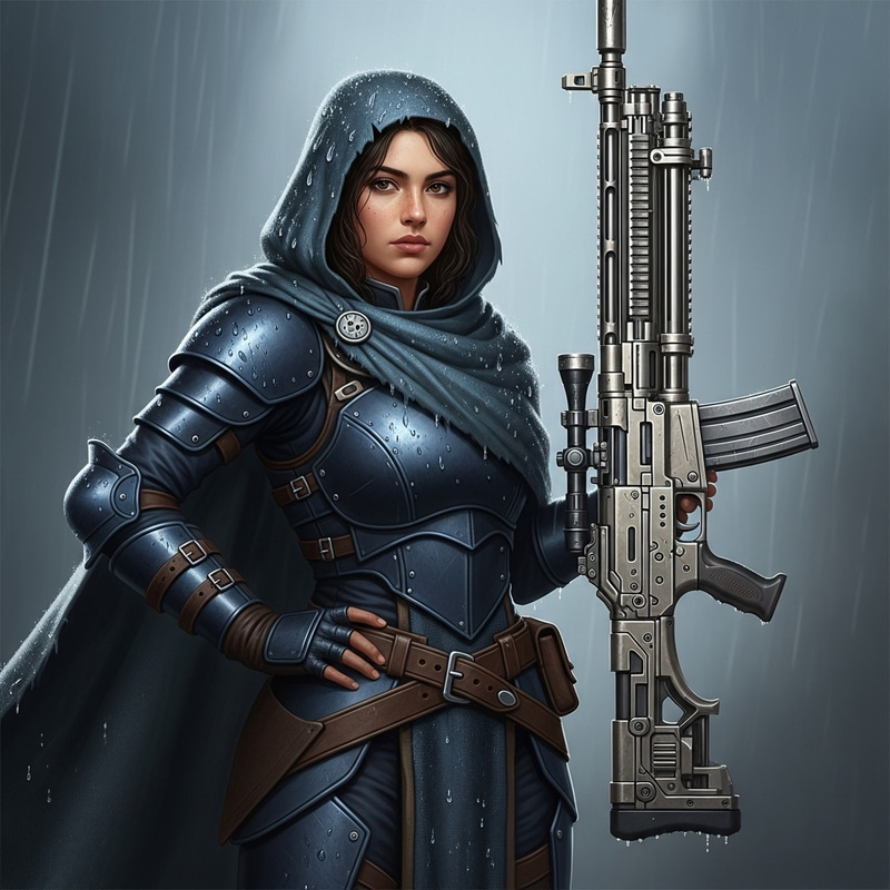 Girl in Dark Blue Leather Armor with Huge Rifle